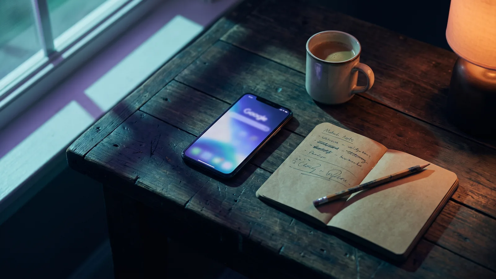 A phone showing a search results page on a workshop table beside a notebook and coffee