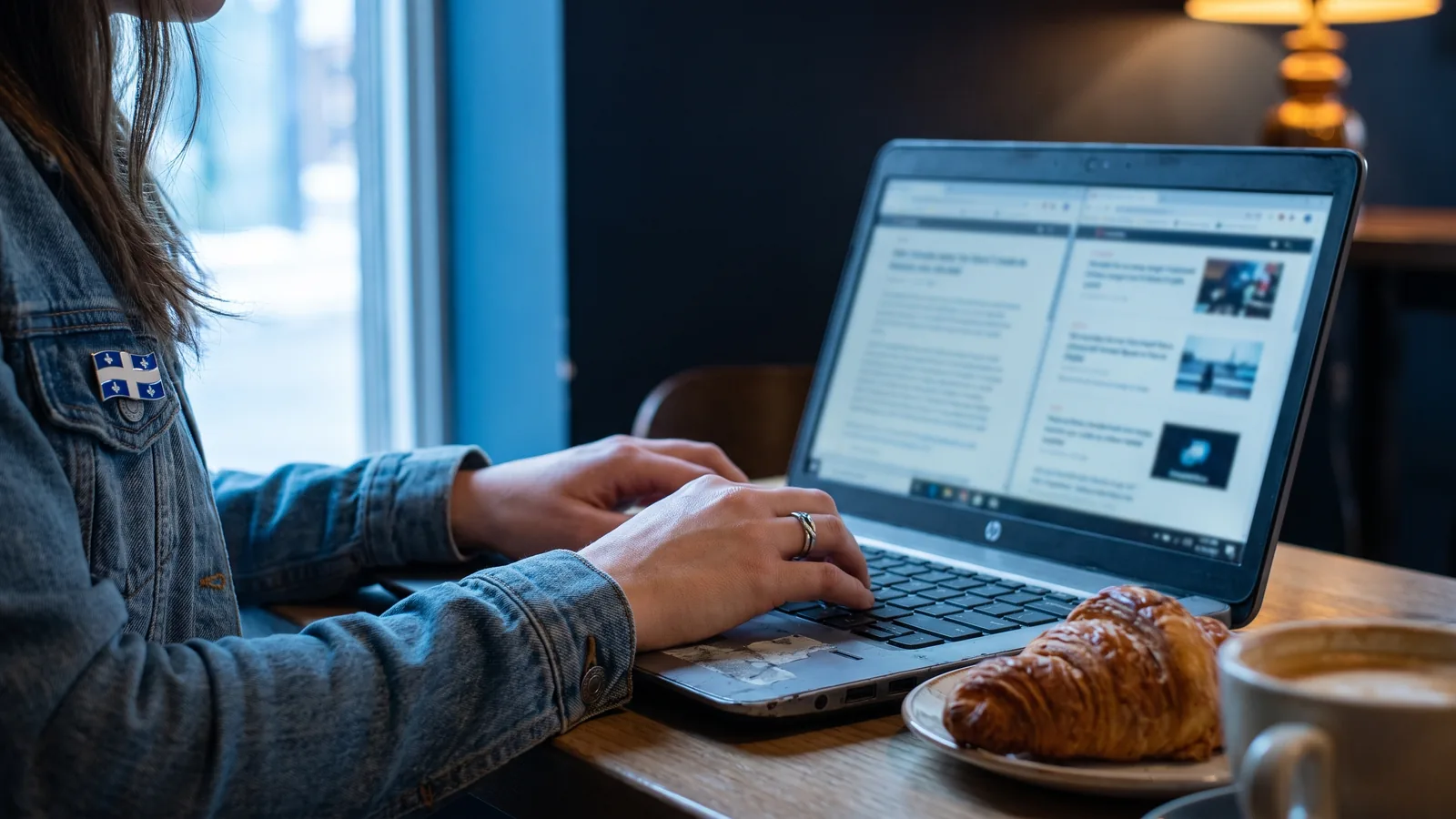 A woman's hands typing on a laptop at a café table, a Quebec flag pin on her sleeve