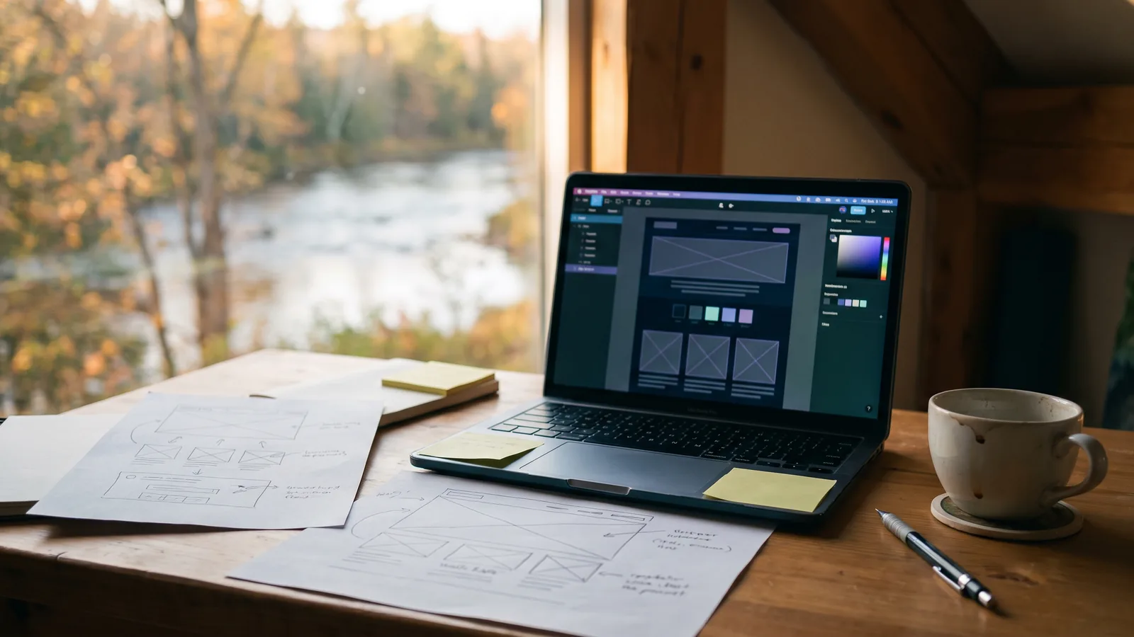 A laptop showing a website layout in progress beside wireframe sketches, with an autumn river view through the window