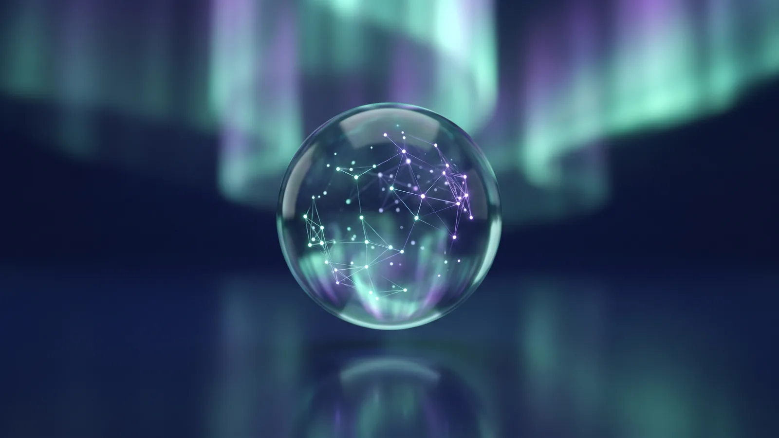 A glass sphere with a luminous network inside under aurora light, an image for AI solutions