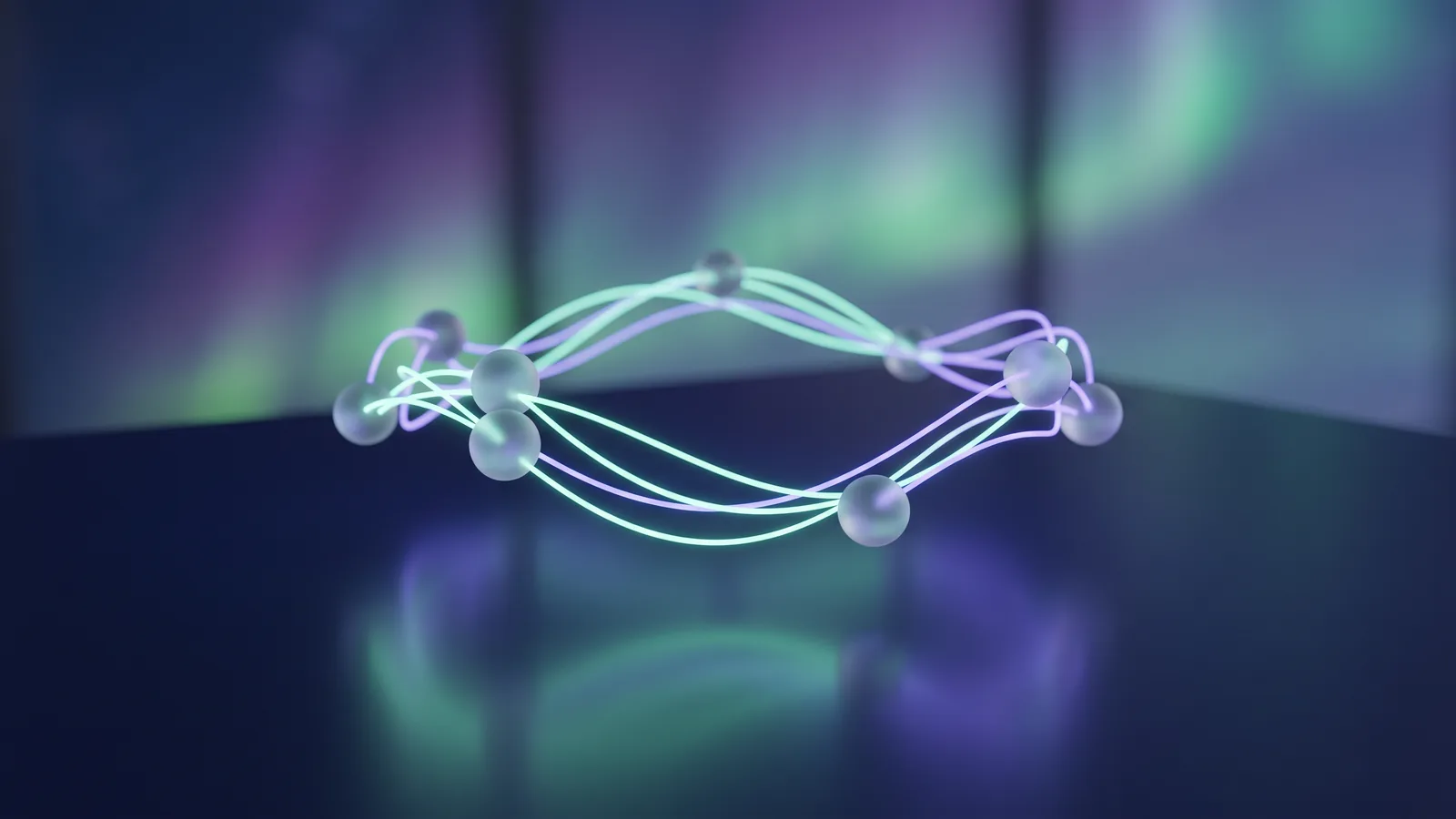 Glass nodes linked by threads of light in a loop under aurora light, an image for business automation