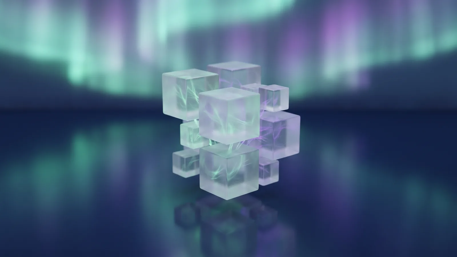 Connected frosted-glass cubes under aurora light, an image for custom software development