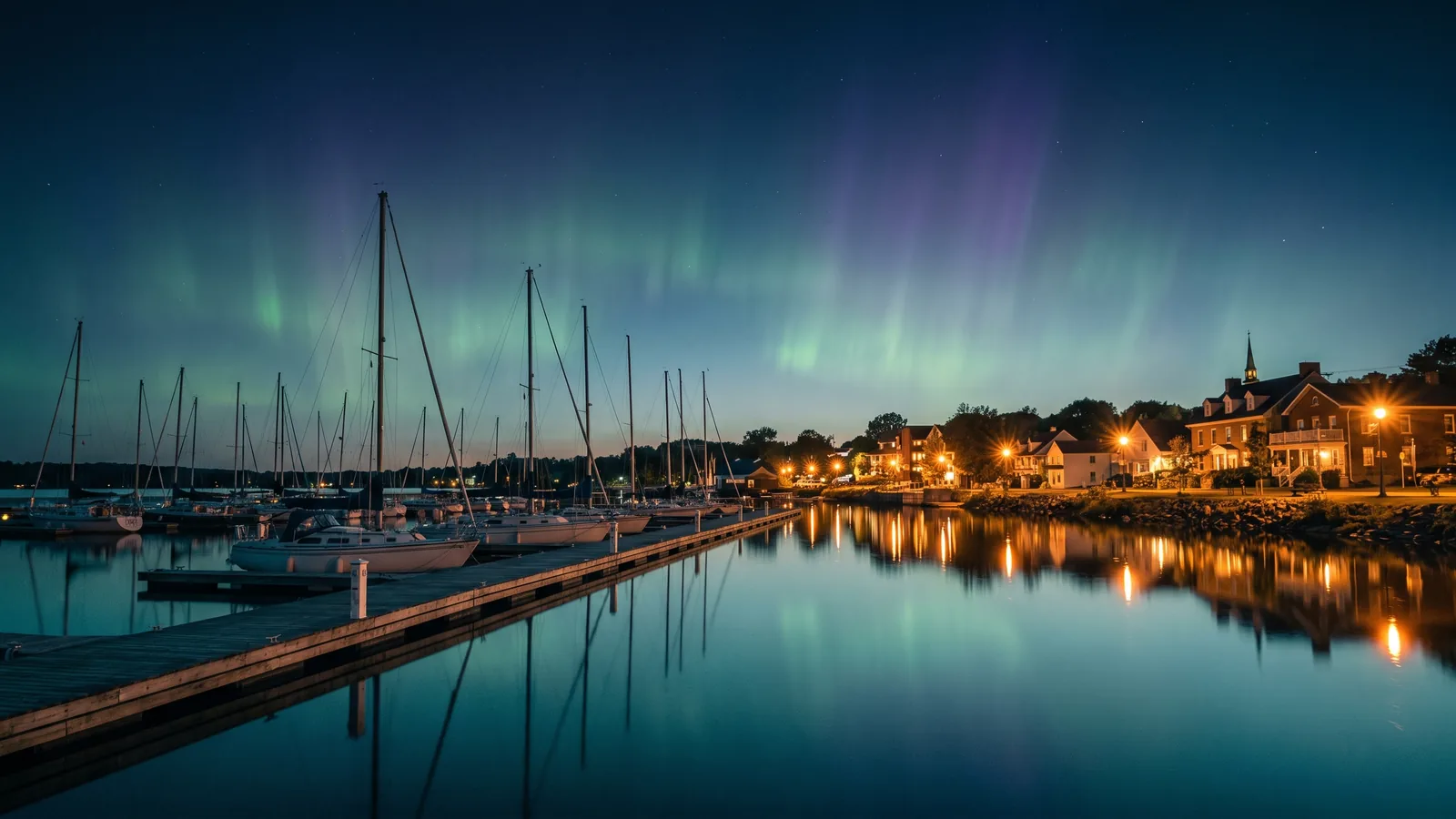 The Aylmer marina on Lac Deschênes at blue hour under the northern lights