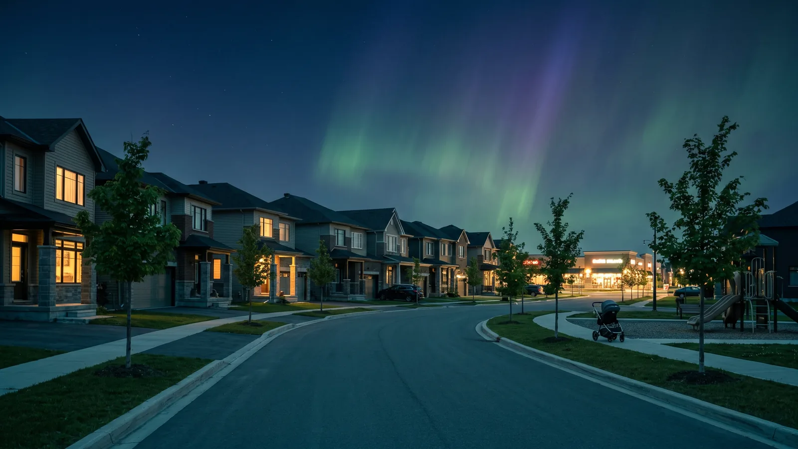 A new suburban crescent in Barrhaven at blue hour under the northern lights