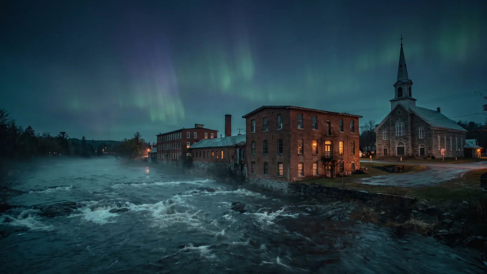 The Lièvre River and Buckingham's old brick buildings at dusk under the northern lights