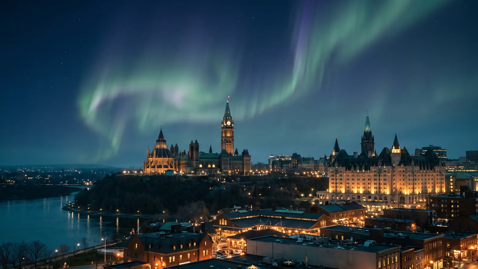 Parliament Hill and the ByWard Market at blue hour from Major's Hill Park under the northern lights