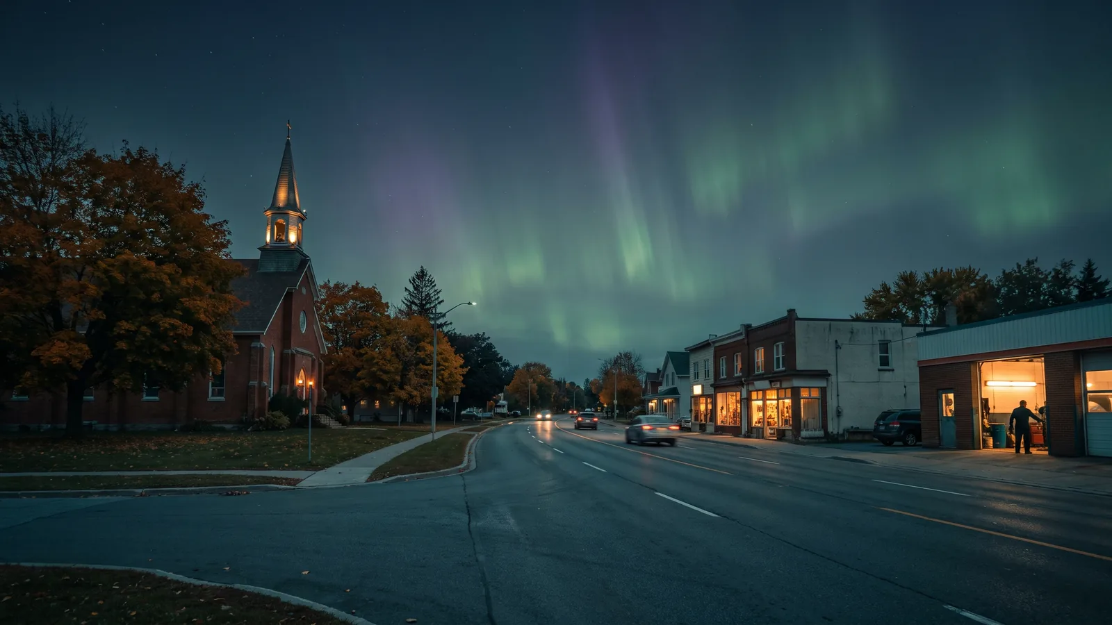 An east-Ottawa neighbourhood street in Gloucester at dusk under the northern lights