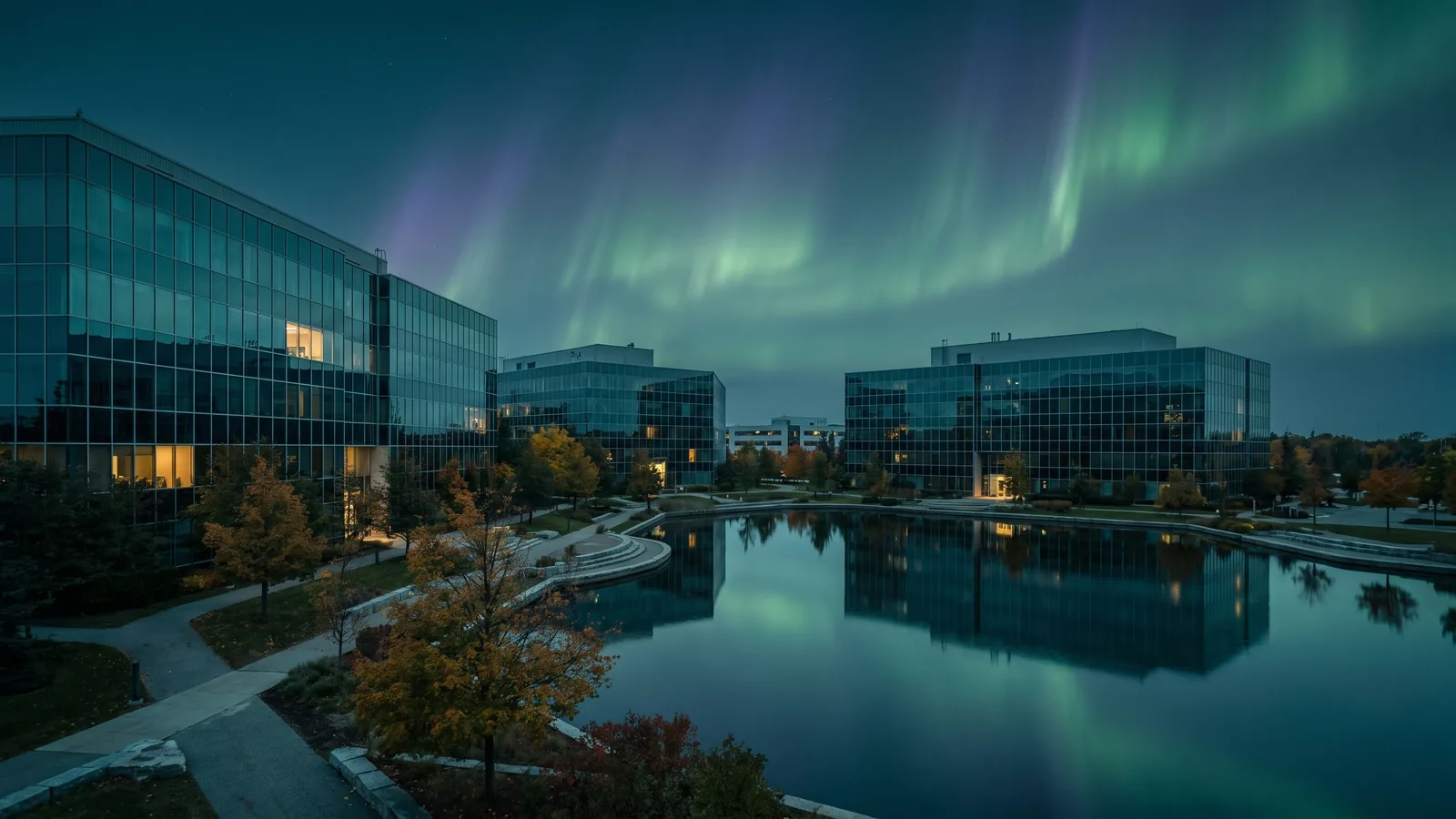 Glass office buildings in the Kanata technology park at dusk under the northern lights