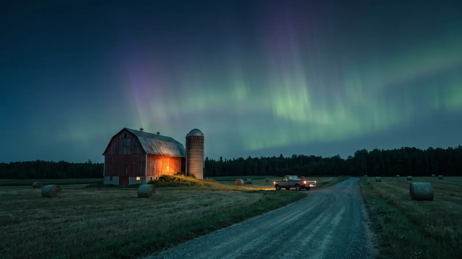 Farm fields and a barn in L'Ange-Gardien at dusk under the northern lights