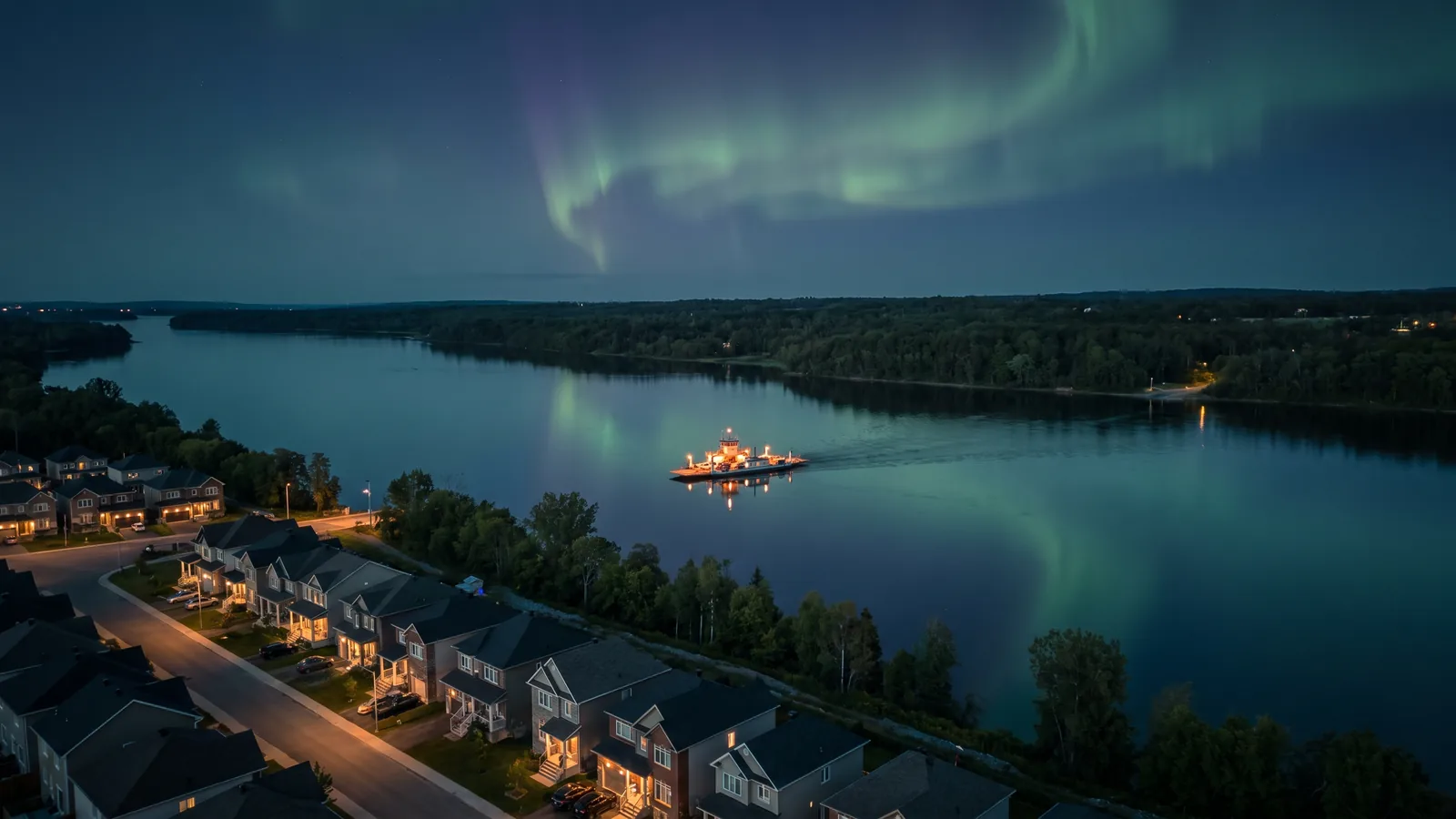 The ferry crossing the Ottawa River near Masson-Angers at dusk under the northern lights