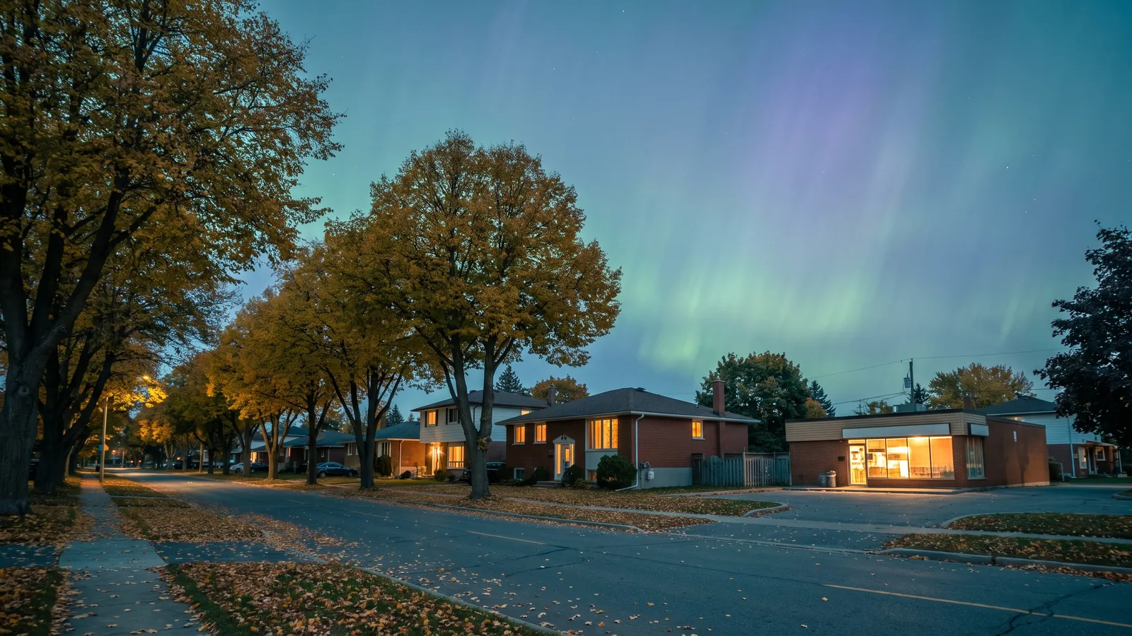 A tree-lined residential street in Nepean at dusk under the northern lights