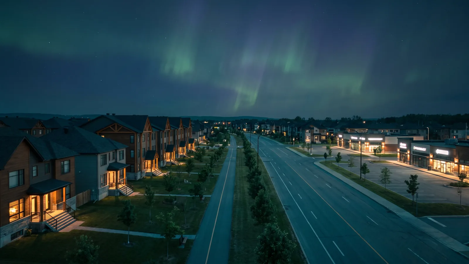 A new neighbourhood on the Plateau in Gatineau at dusk under the northern lights