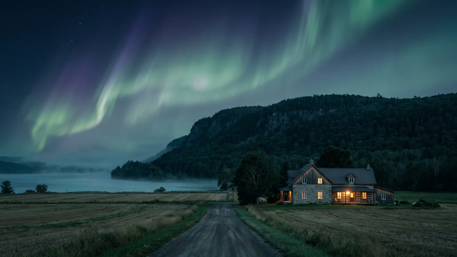 The Ottawa River shoreline and the Eardley Escarpment near Luskville at dusk under the northern lights