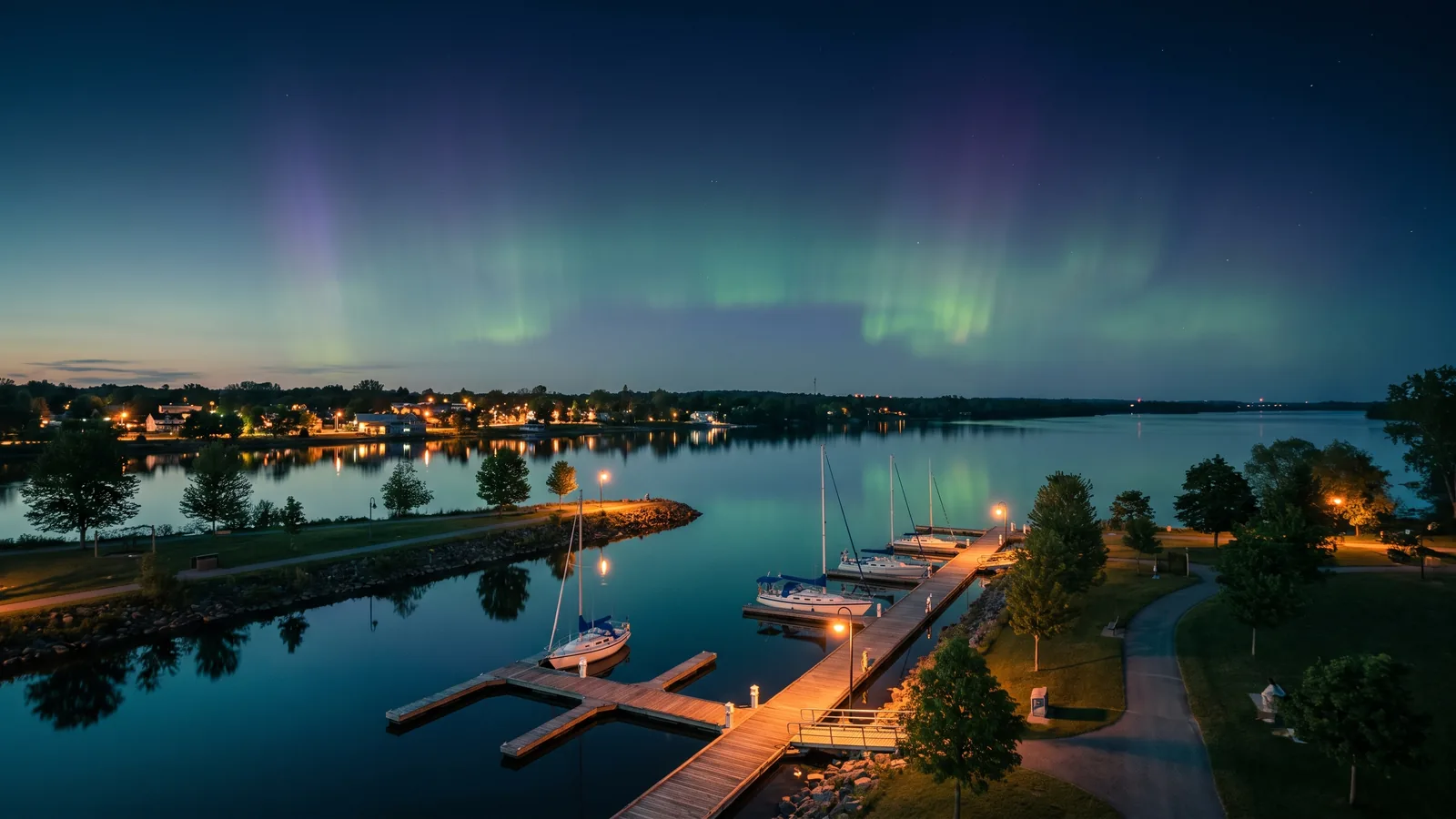 The Rockland waterfront and marina on the Ottawa River at dusk under the northern lights