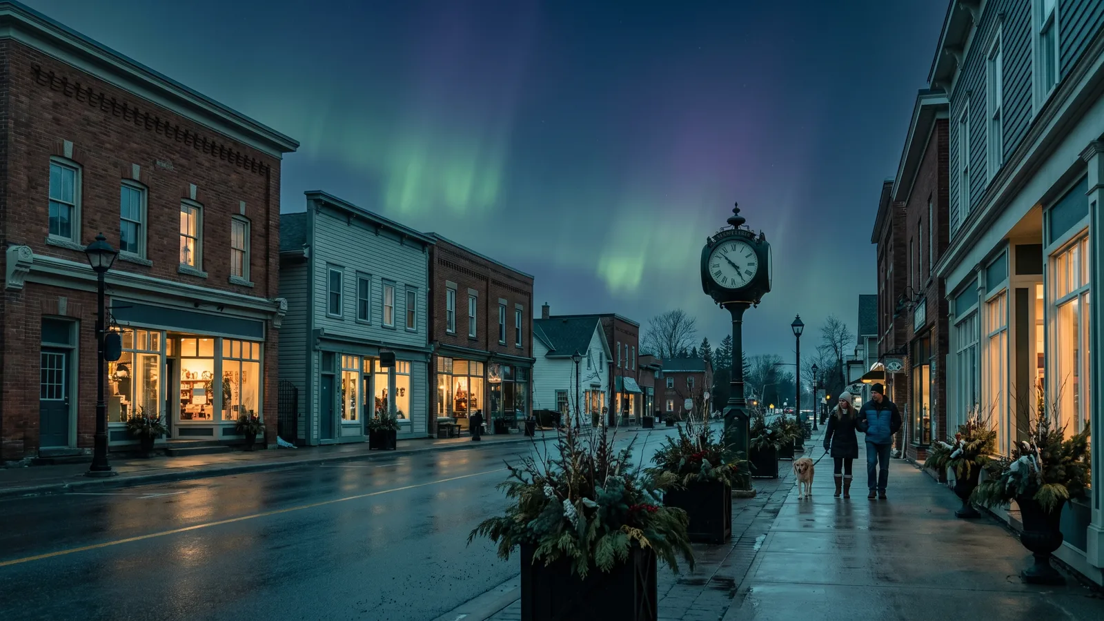 Heritage storefronts on Stittsville Main Street at dusk under the northern lights