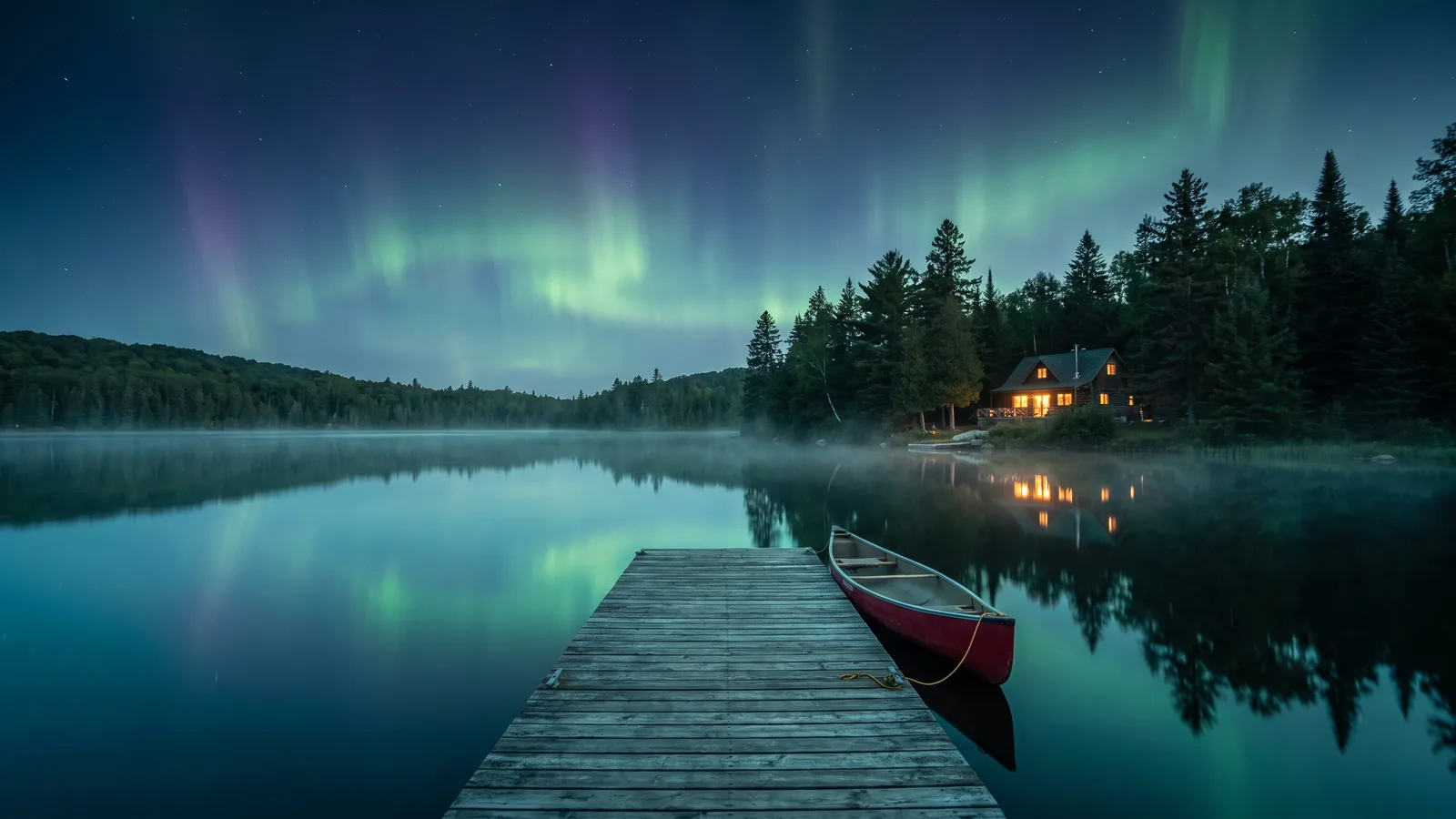 A dock and canoe on a lake in Val-des-Monts at dusk under the northern lights