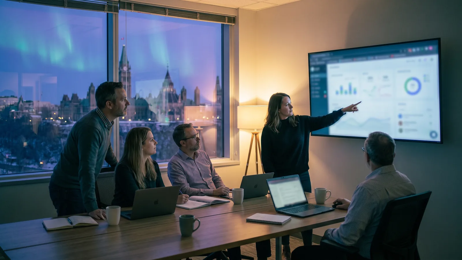 A small business team reviewing an AI assistant on a wall screen in an Ottawa office