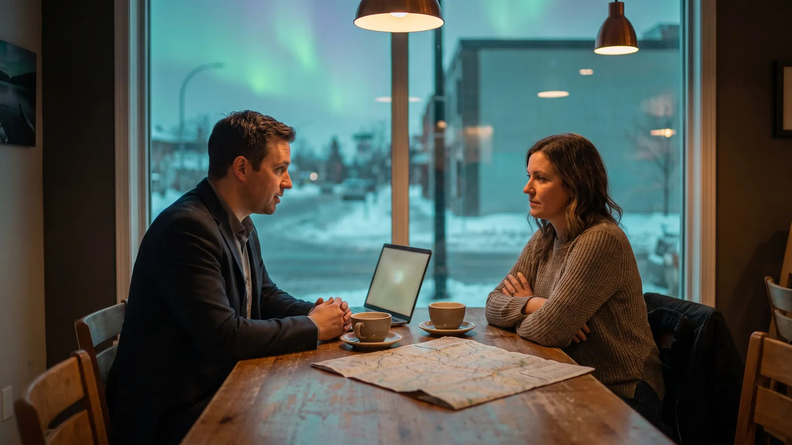 A consultant and a business owner reviewing a technology roadmap together at a café table