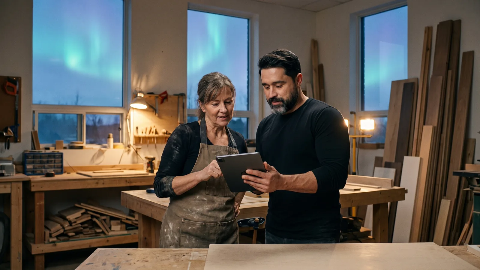 Pier Blackburn showing a custom job-tracking app on a tablet to the owner of a Gatineau cabinetry workshop